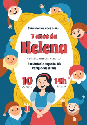 Convite Aniversário Branca de Neve e os Sete Anões para Editar