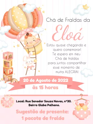 Convite Chá de Fraldas Menina Baloeira para Editar Online