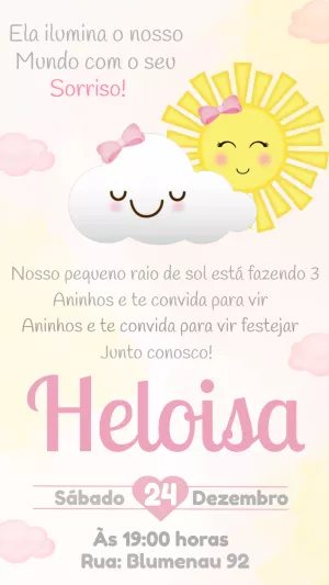 Convite Aniversário Raio de Sol Menina para Editar Online