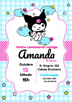Convite de Aniversário Kuromi Editável para Imprimir