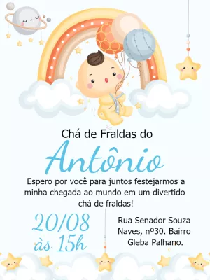 Convite Chá de Fraldas Bebê Arco Íris para Editar Online