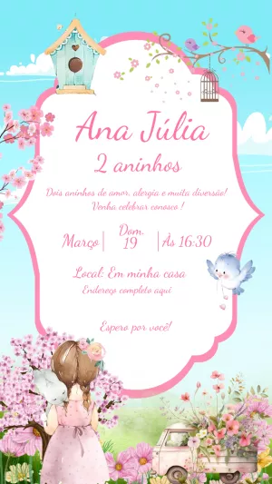 Convite Jardim Encantado com Passarinhos para Editar Online