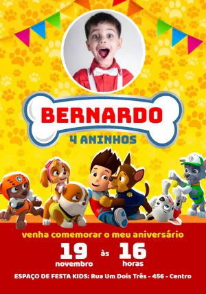 Convite Aniversário Patrulha Canina com Foto para Editar Online