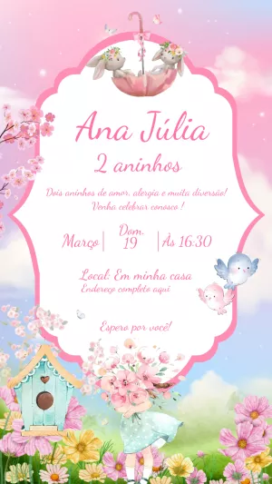 Convite Aniversário Jardim Encantado com Coelhinhas para Editar