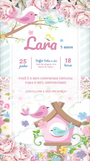 Convite Aniversário Jardim Encantado com Passarinhos para Editar