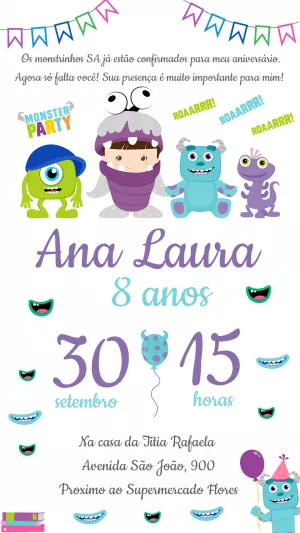 Convite Aniversário Monstros SA para Editar Online