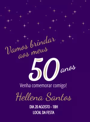 Convite de Aniversário Adulto Roxo com Estrelas para Editar