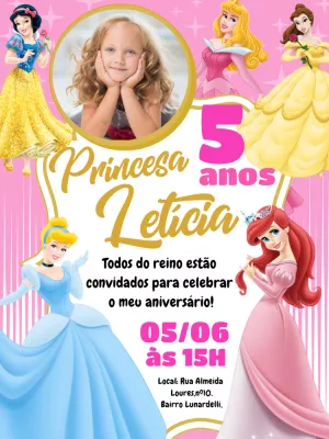 Convite de Aniversário Princesas Disney com Foto para Editar
