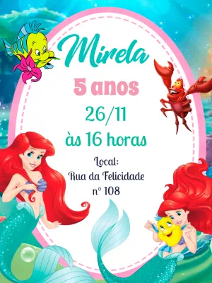 Convite de Aniversário A Pequena Sereia com Ariel para Editar