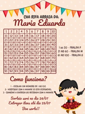 Cartela de Rifa Chá de Bebê Arraiá para Editar Online