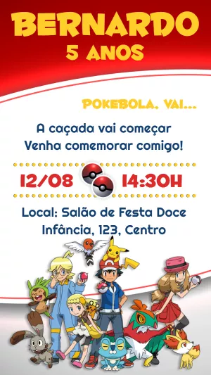 Convite de Aniversário Pokémon com Ash e Pikachu para Editar