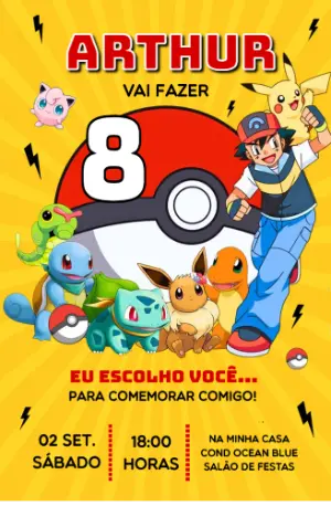Convite de Aniversário Pokémon com Personagens para Editar Online