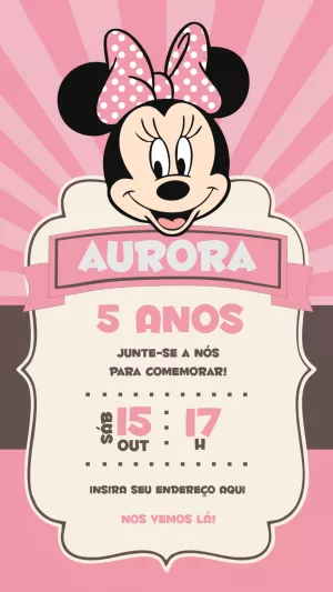 Convite Aniversário Minnie Mouse Rosa para Editar Online