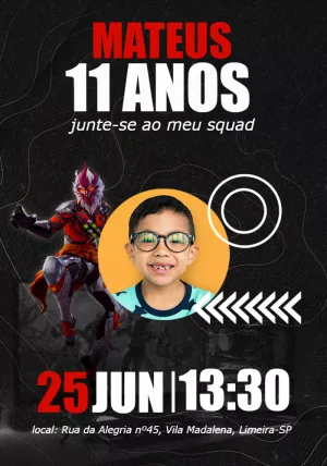 Convite Aniversário Free Fire com Foto para Editar Online
