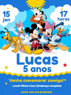 Convite Aniversário Turma do Mickey para Editar Online