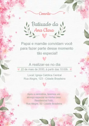 Convite de Batizado Floral Rosa para Editar e Imprimir
