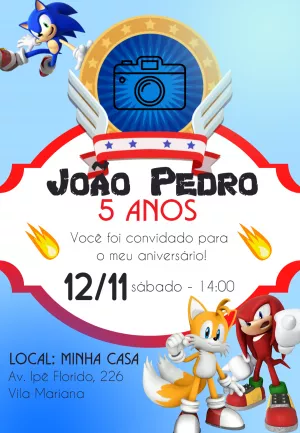 Convite Aniversário Sonic com Foto para Editar Online