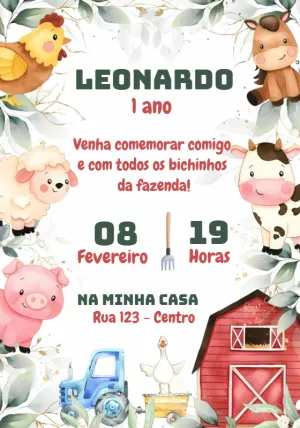 Convite Aniversário Fazendinha com Animais para Editar Online