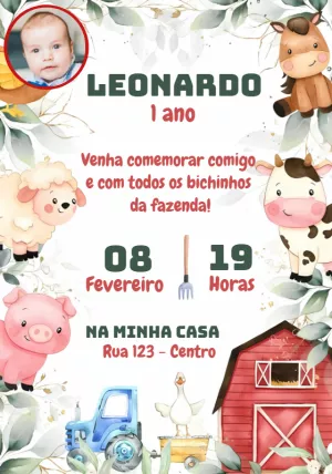 Convite Aniversário Fazendinha com Foto para Editar Online