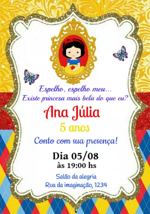Convite Aniversário Branca de Neve para Editar e Imprimir