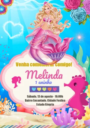 Convite de Aniversário Barbie Sereia para Editar Online
