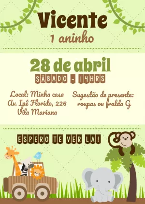 Convite Aniversário Safari com Animais para Editar Online