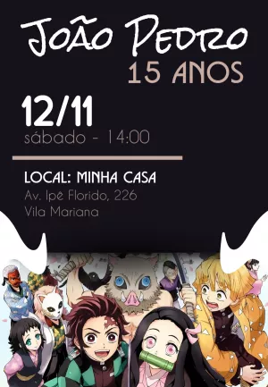 Convite de Aniversário Demon Slayer com Personagens para Editar