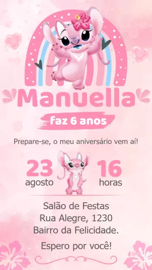 Convite de Aniversário Angel Lilo e Stitch para Editar Online