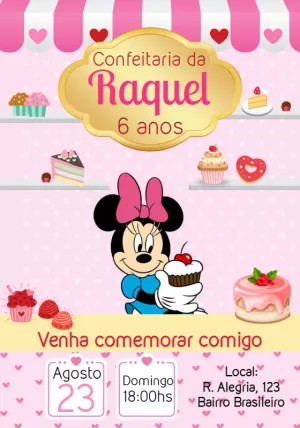 Convite Aniversário Minnie Confeiteira para Editar Online