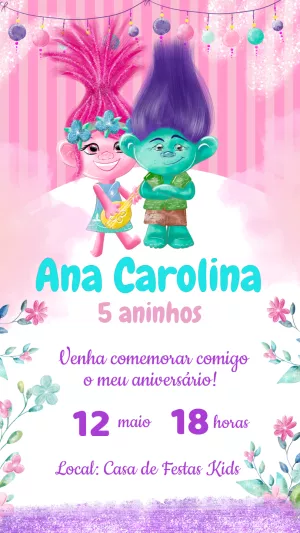 Convite de Aniversário Trolls com Poppy e Branch para Editar