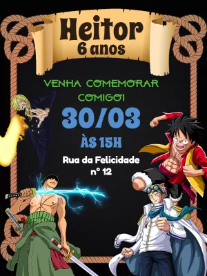 Convite de Aniversário One Piece com Personagens para Editar Online