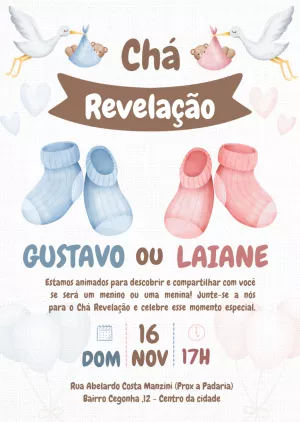 Convite Chá Revelação Cegonhas e Sapatinhos para Editar Online