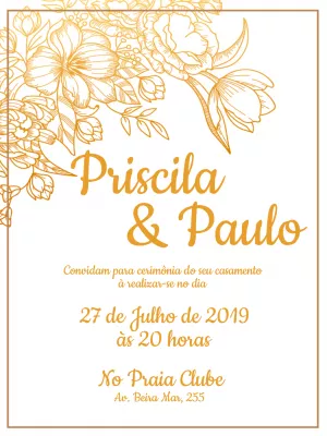Convite de Casamento Elegante com Flores Douradas para Editar