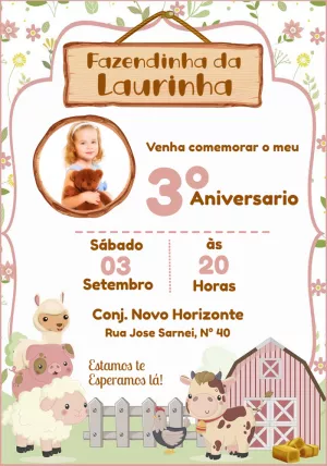 Convite Aniversário Fazendinha com Foto para Editar Online
