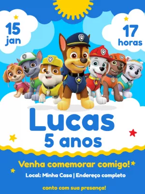 Convite de Aniversário Patrulha Canina para Editar Online