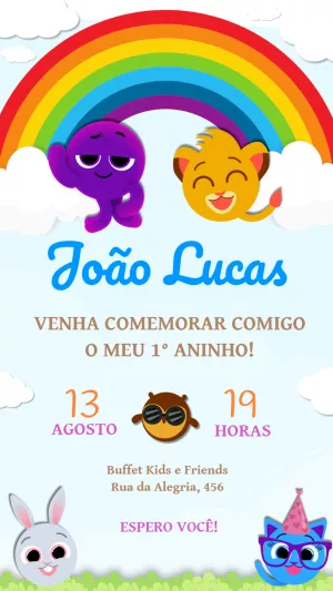 Convite de Aniversário Bolofofos com Arco-Íris para Editar