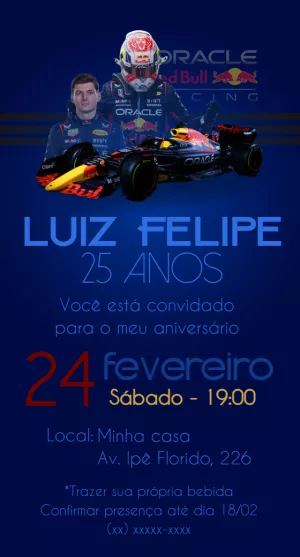Convite Aniversário Formula 1 Red Bull para Editar Online