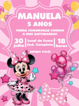 Convite Aniversário Minnie Mouse Rosa para Editar Online