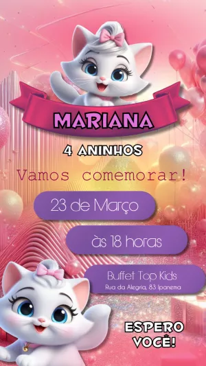 Convite Aniversário Gatinha Marie para Editar Online