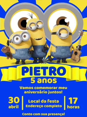 Convite Aniversário Minions Editável Online para Imprimir