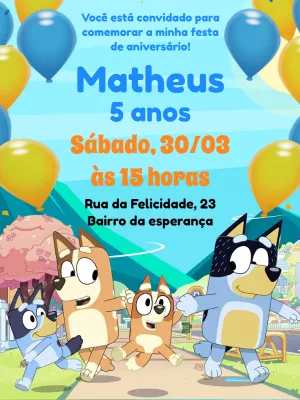 Convite de Aniversário Bluey e Bingo para Editar Online