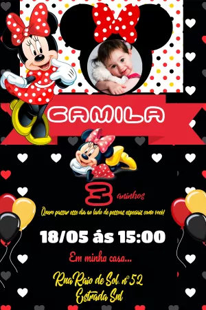 Convite de Aniversário Minnie Mouse com Foto para Editar
