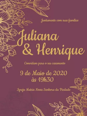 Convite de Casamento Floral Dourado para Editar Online