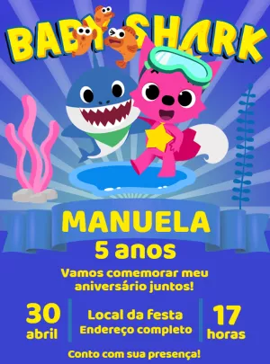 Convite de Aniversário Baby Shark com Personagens para Editar