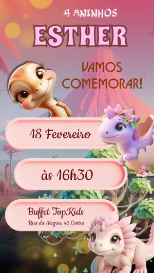 Convite Aniversário Dino Baby Menina para Editar Online