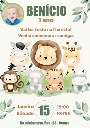 Convite Aniversário Safari com Foto para Editar Online