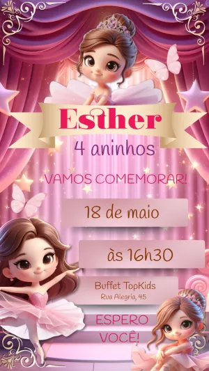 Convite de Aniversário Bailarina Delicada para Editar Online
