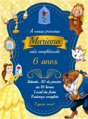Convite de Aniversário A Bela e a Fera para Editar Online