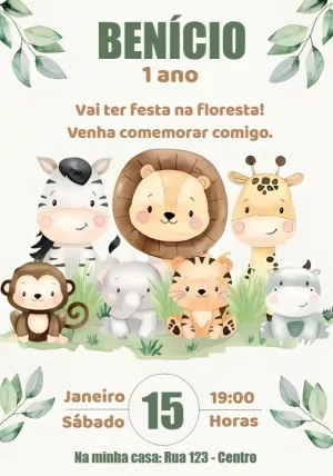Convite Aniversário Safari com Animais para Editar Online