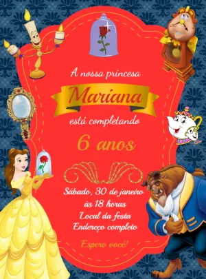 Convite Aniversário A Bela e a Fera com Personagens para Editar